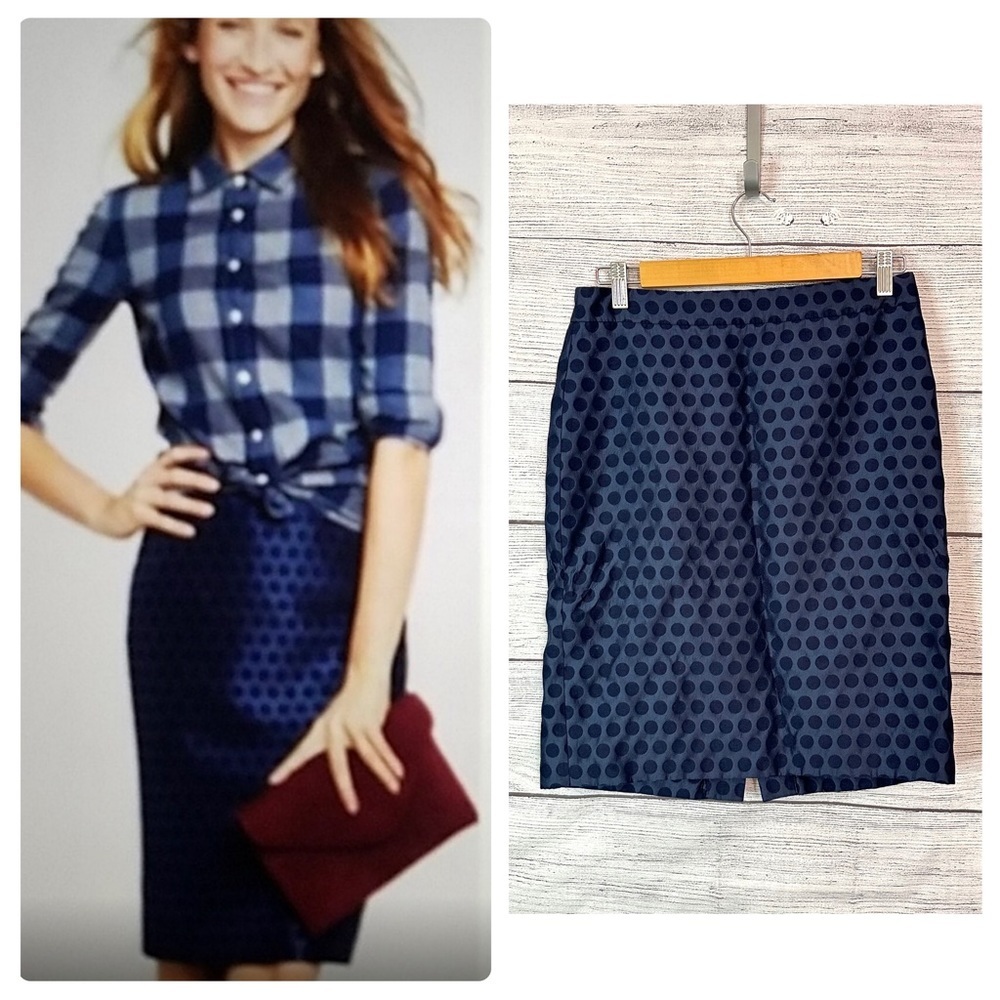 J. Crew Navy Blue Polka Dot Sheen Pencil Skirt Size 4 Business Dressy